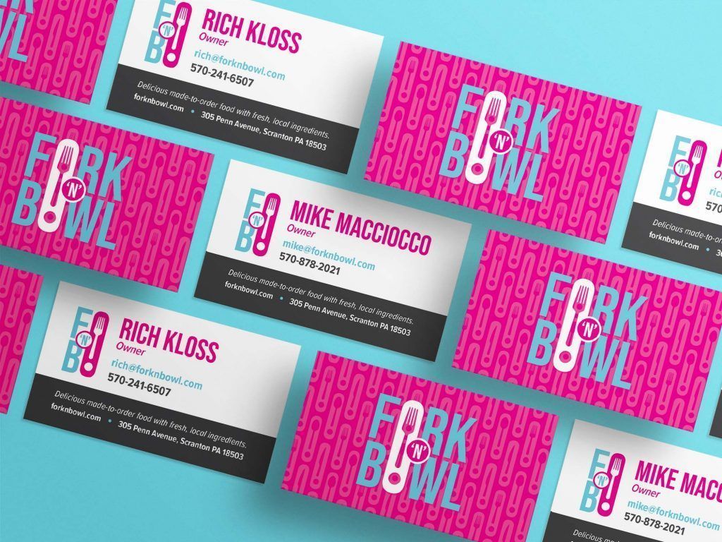 The final fork 'n' bowl brand, on business cards.