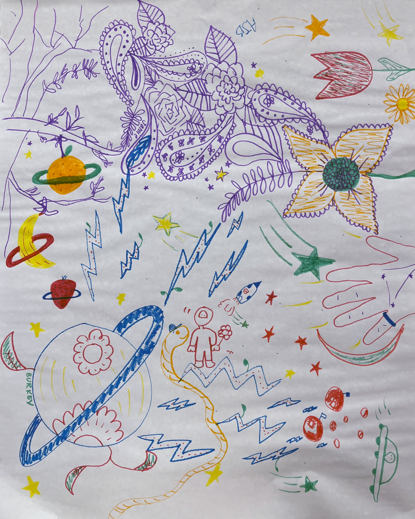Collaborative drawing showing the outcomes of yes, and: including flowers, a hand with stars, an alien and an astronaut in space surrounded by lighting bolts, a planet made of flowers and fruit planets growing on a tree  