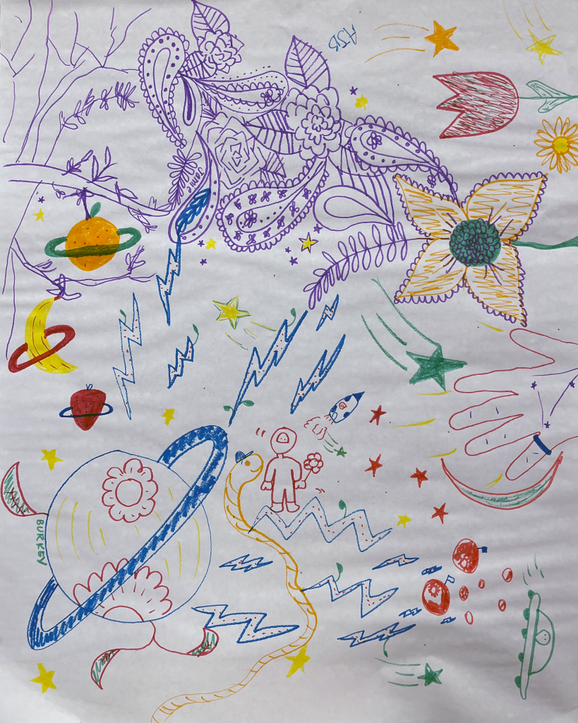 Collaborative drawing showing the outcomes of yes, and: including flowers, a hand with stars, an alien and an astronaut in space surrounded by lighting bolts, a planet made of flowers and fruit planets growing on a tree